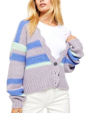 Free People Lavender Blue Striped V-Neck Alpaca Cardigan Sweater